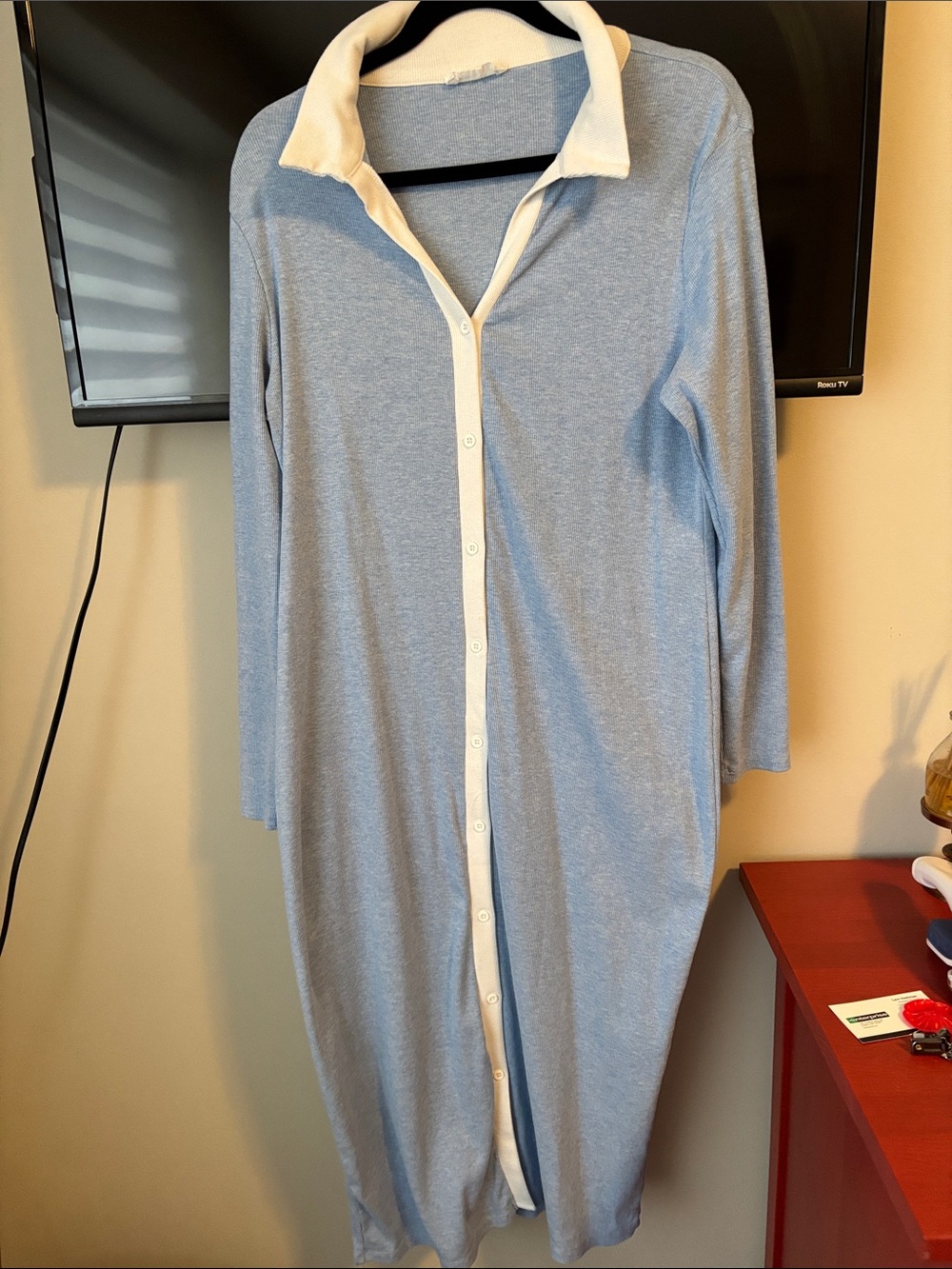 Primark Pale Blue Long Button-Down shirtdress with Cream Trim